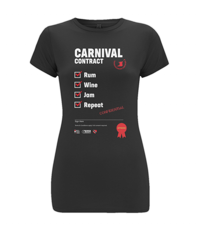 Ladies Stretch T-Shirt: Carnival Contract [on drk]