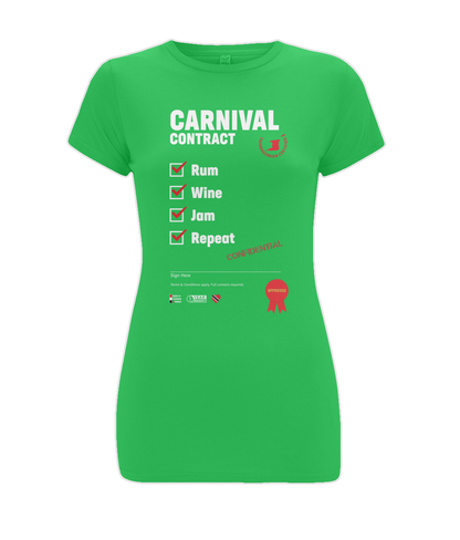 Ladies Stretch T-Shirt: Carnival Contract [on drk]